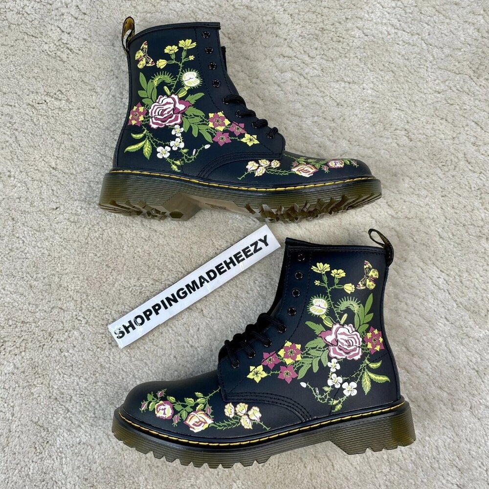 [US 5] DR DOC MARTENS 1460Y Floral Flowers Coated Leather Zip-Up Combat Boots